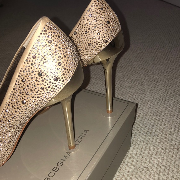 BCBGMaxAzria Champagne Satin Studded Heels - Picture 2 of 3